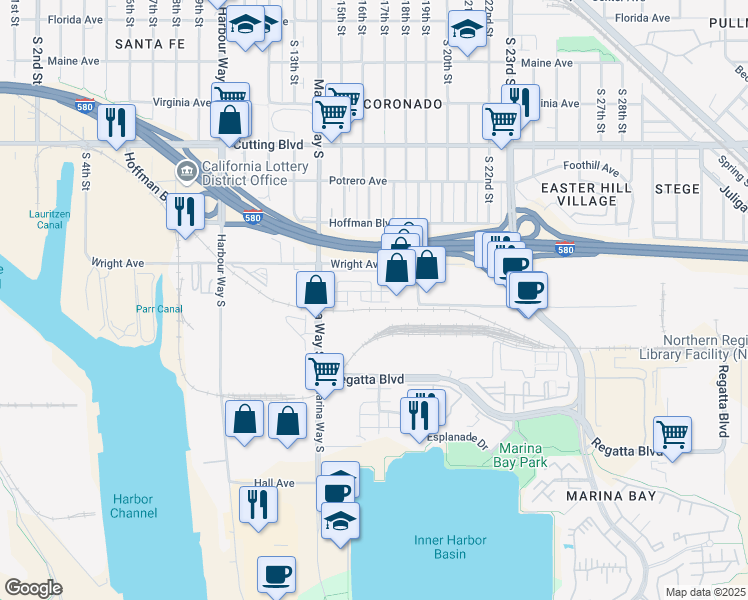 map of restaurants, bars, coffee shops, grocery stores, and more near 882 Coastal Street in Richmond