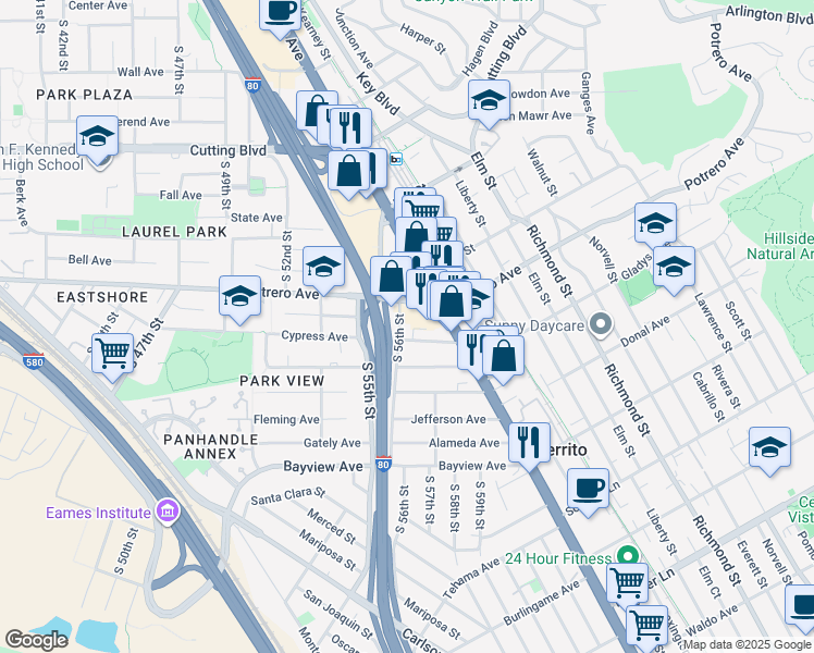 map of restaurants, bars, coffee shops, grocery stores, and more near 11299 San Pablo Avenue in El Cerrito