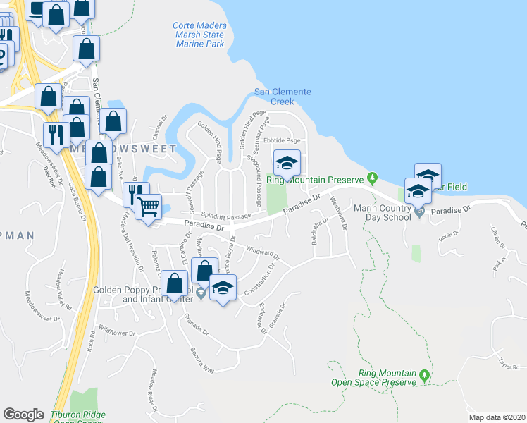 map of restaurants, bars, coffee shops, grocery stores, and more near 93 Spindrift Passage in Corte Madera