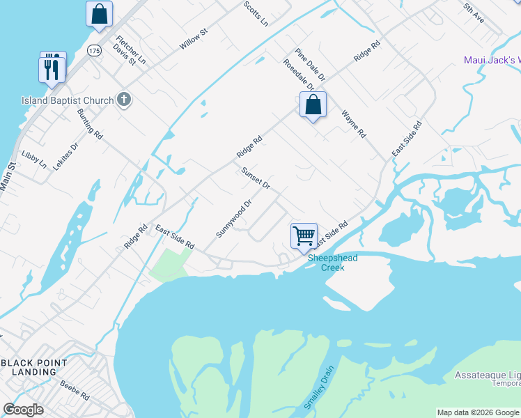 map of restaurants, bars, coffee shops, grocery stores, and more near 4158-4234 Sunrise Drive Circle in Chincoteague Island