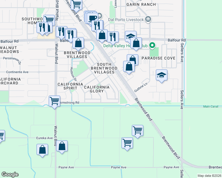 map of restaurants, bars, coffee shops, grocery stores, and more near 3075 Shiles Loop in Brentwood