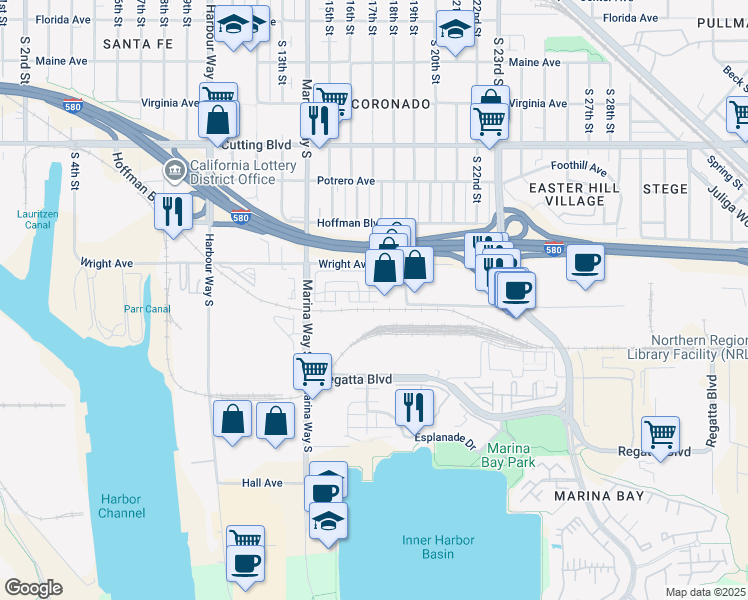 map of restaurants, bars, coffee shops, grocery stores, and more near 1637 Harbor Lights Road in Richmond