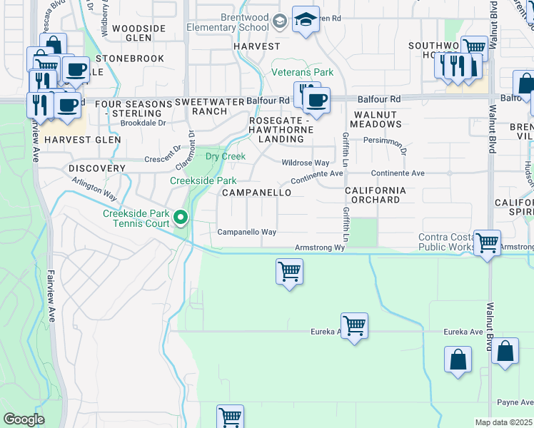 map of restaurants, bars, coffee shops, grocery stores, and more near 366 Dante Court in Brentwood