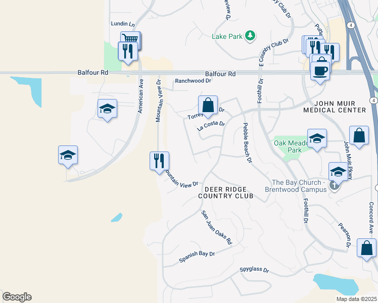 map of restaurants, bars, coffee shops, grocery stores, and more near 2665 Torrey Pines Drive in Brentwood