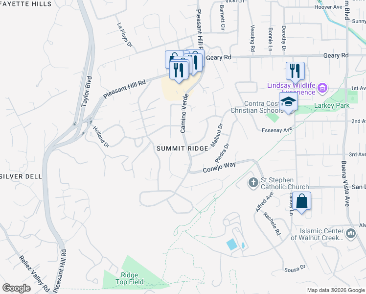 map of restaurants, bars, coffee shops, grocery stores, and more near 1533 Camino Verde in Walnut Creek