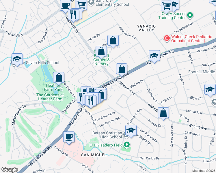 map of restaurants, bars, coffee shops, grocery stores, and more near 1942 Desert Circle in Walnut Creek