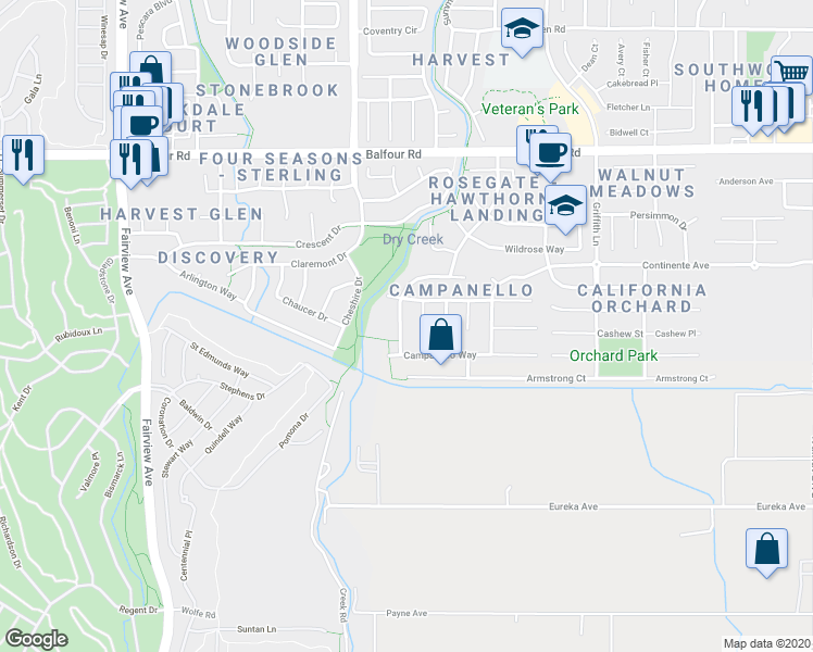 map of restaurants, bars, coffee shops, grocery stores, and more near 344 San Marino Lane in Brentwood