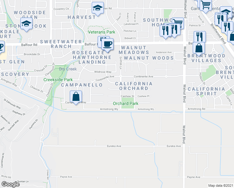 map of restaurants, bars, coffee shops, grocery stores, and more near 623 Cashew Court in Brentwood