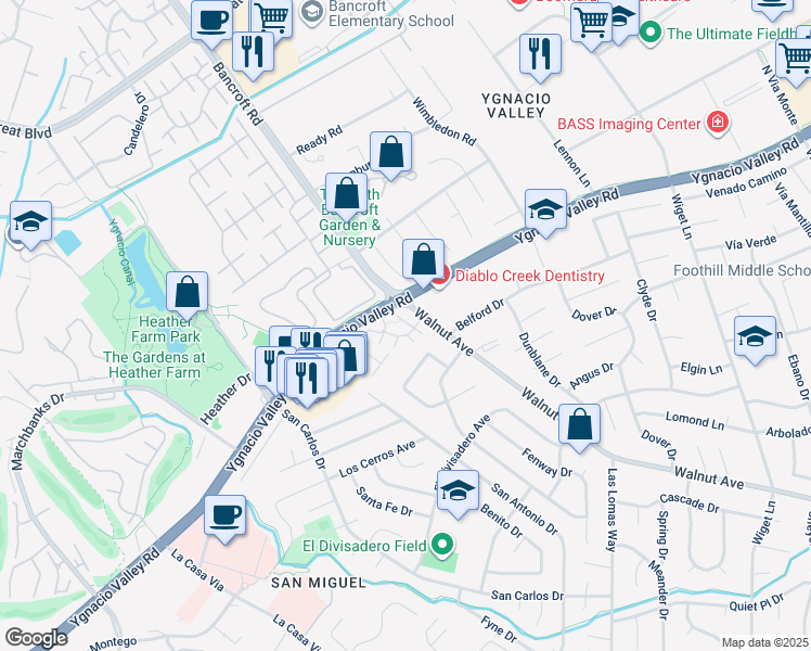 map of restaurants, bars, coffee shops, grocery stores, and more near 1972 Desert Circle in Walnut Creek