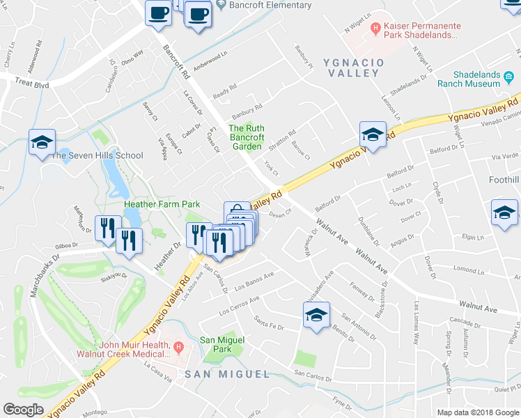 map of restaurants, bars, coffee shops, grocery stores, and more near 1942 Desert Circle in Walnut Creek