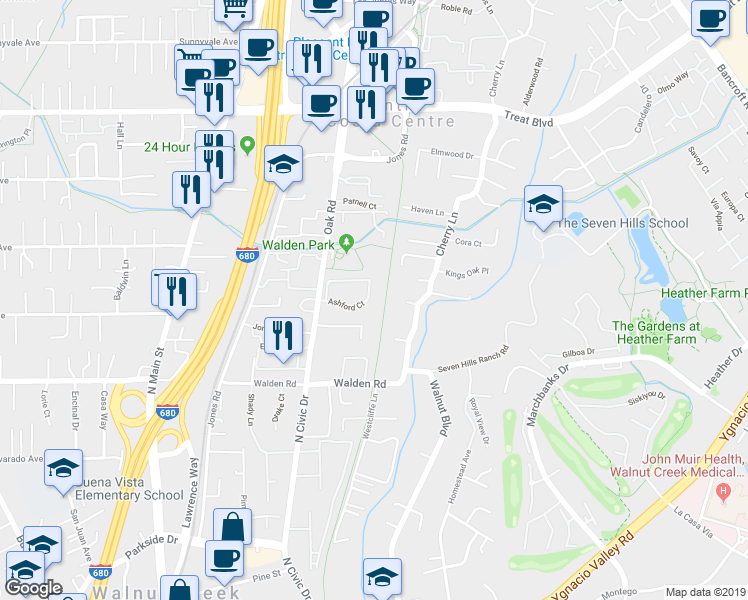 map of restaurants, bars, coffee shops, grocery stores, and more near 252 Ashford Court in Walnut Creek