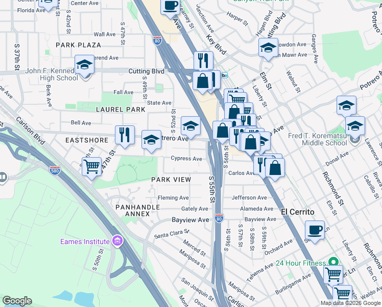 map of restaurants, bars, coffee shops, grocery stores, and more near 5316 School Street in El Cerrito
