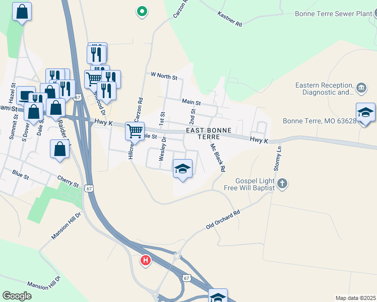map of restaurants, bars, coffee shops, grocery stores, and more near 200 Lorine Drive in Bonne Terre
