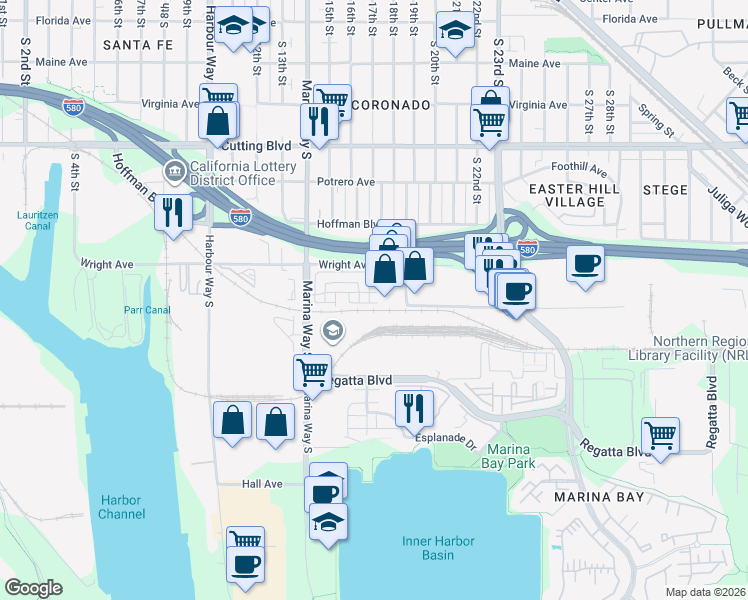 map of restaurants, bars, coffee shops, grocery stores, and more near 1637 Harbor Lights Road in Richmond