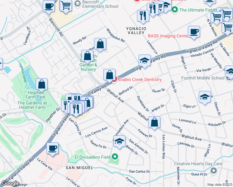map of restaurants, bars, coffee shops, grocery stores, and more near 2002 Belford Drive in Walnut Creek