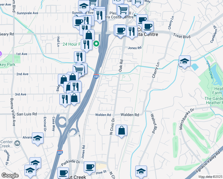map of restaurants, bars, coffee shops, grocery stores, and more near 233 Charter Oak Circle in Walnut Creek