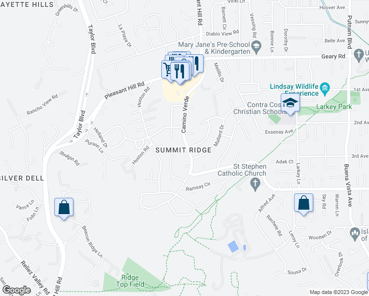 map of restaurants, bars, coffee shops, grocery stores, and more near 1533 Camino Verde in Walnut Creek
