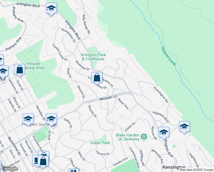 map of restaurants, bars, coffee shops, grocery stores, and more near 1012 Contra Costa Drive in El Cerrito