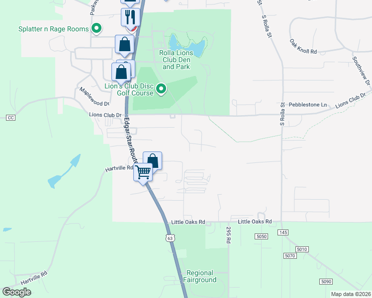 map of restaurants, bars, coffee shops, grocery stores, and more near 505 Silverleaf Lane in Rolla