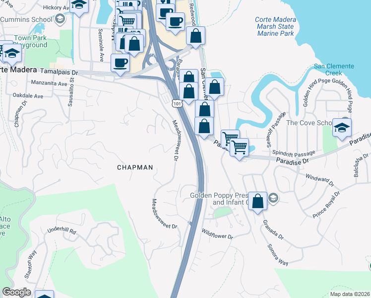 map of restaurants, bars, coffee shops, grocery stores, and more near 1511 Casa Buena Drive in Corte Madera
