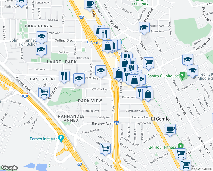 map of restaurants, bars, coffee shops, grocery stores, and more near 5316 School Street in El Cerrito