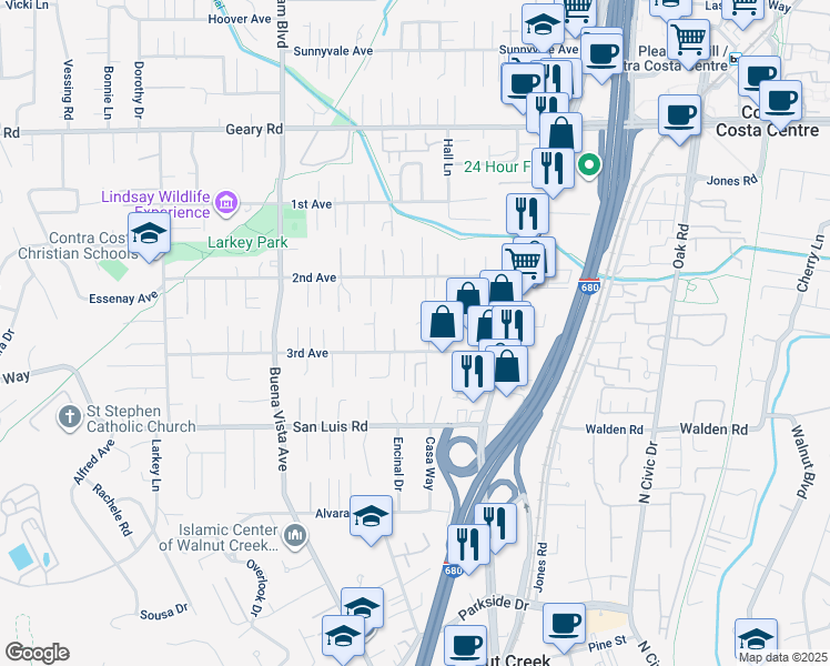 map of restaurants, bars, coffee shops, grocery stores, and more near 1625 Montin Court in Walnut Creek