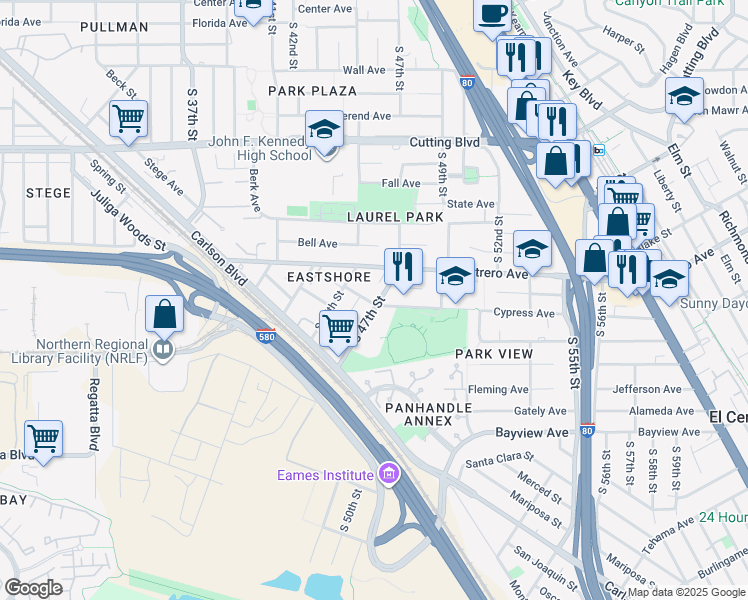 map of restaurants, bars, coffee shops, grocery stores, and more near 4615 Cypress Avenue in Richmond