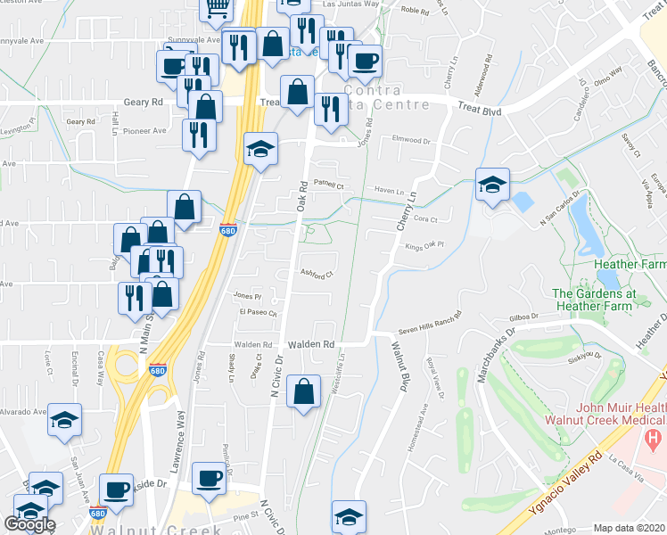 map of restaurants, bars, coffee shops, grocery stores, and more near 252 Ashford Court in Walnut Creek