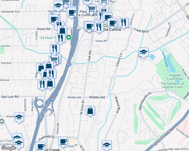 map of restaurants, bars, coffee shops, grocery stores, and more near 190 Ashford Court in Walnut Creek