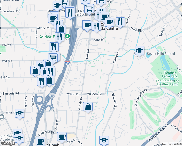 map of restaurants, bars, coffee shops, grocery stores, and more near 2578 Oak Road in Walnut Creek