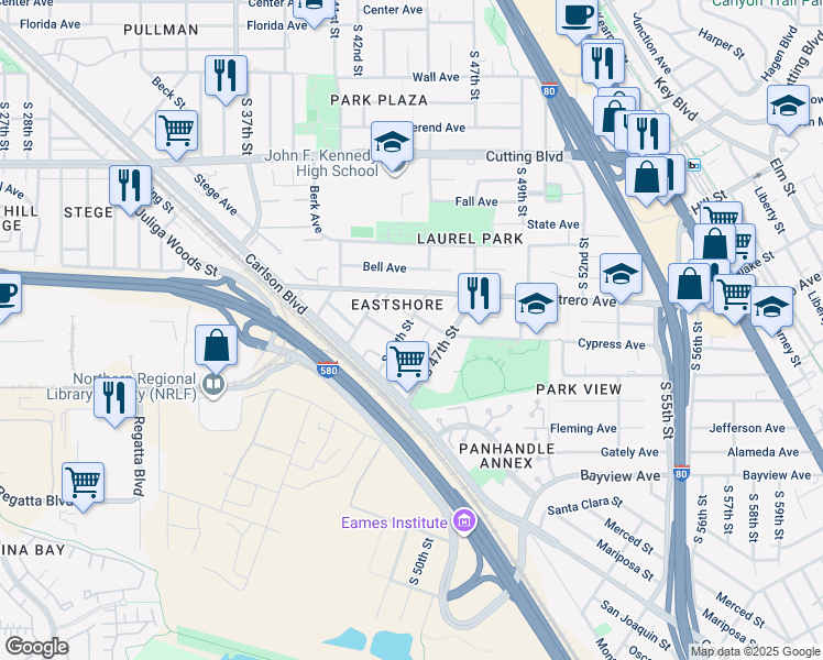 map of restaurants, bars, coffee shops, grocery stores, and more near 866 South 45th Street in Richmond