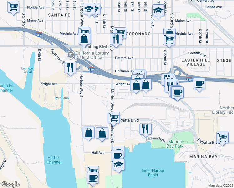 map of restaurants, bars, coffee shops, grocery stores, and more near 863 Lookout Street in Richmond