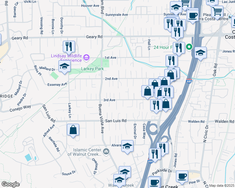 map of restaurants, bars, coffee shops, grocery stores, and more near 741 Pagosa Court in Walnut Creek