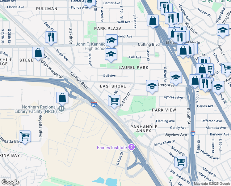 map of restaurants, bars, coffee shops, grocery stores, and more near 866 South 45th Street in Richmond
