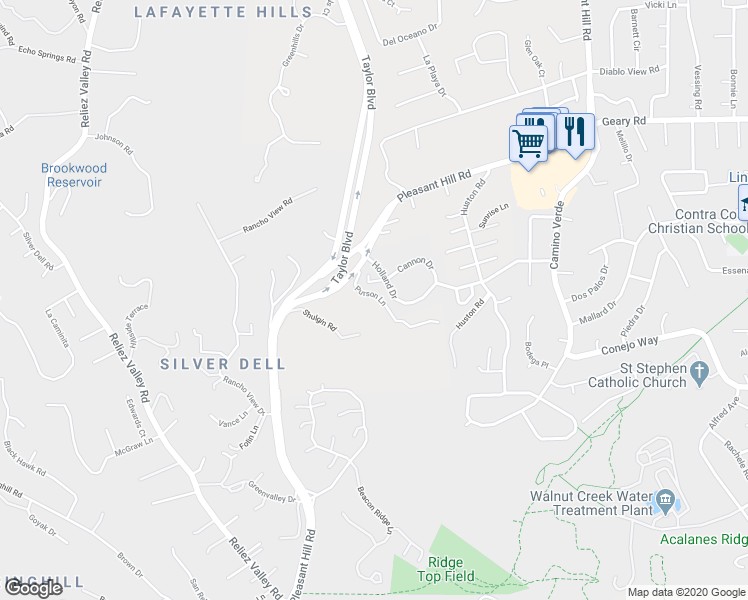 map of restaurants, bars, coffee shops, grocery stores, and more near 1455 Purson Lane in Lafayette