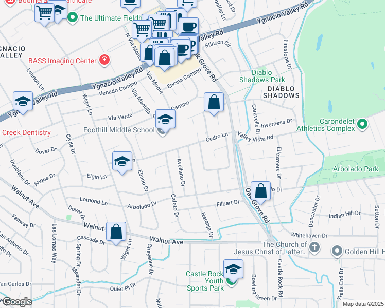 map of restaurants, bars, coffee shops, grocery stores, and more near 3042 Naranja Drive in Walnut Creek