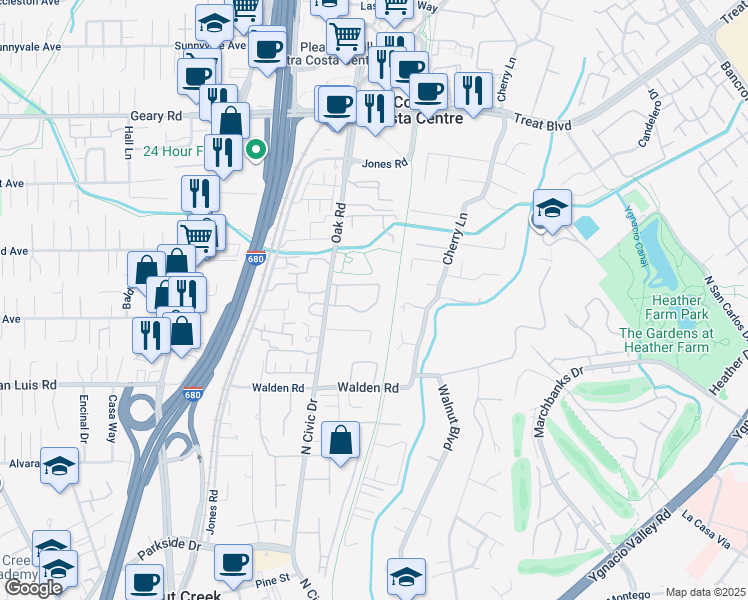 map of restaurants, bars, coffee shops, grocery stores, and more near 2592 Oak Road in Walnut Creek