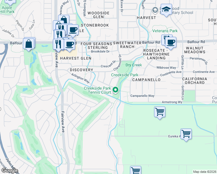 map of restaurants, bars, coffee shops, grocery stores, and more near 1070 Chaucer Dr in Brentwood