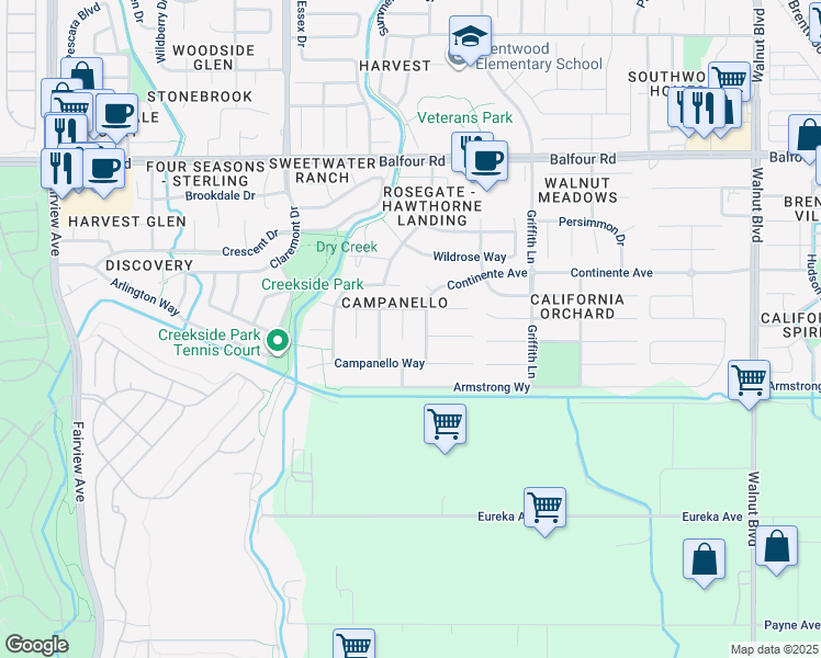 map of restaurants, bars, coffee shops, grocery stores, and more near 364 Dante Court in Brentwood