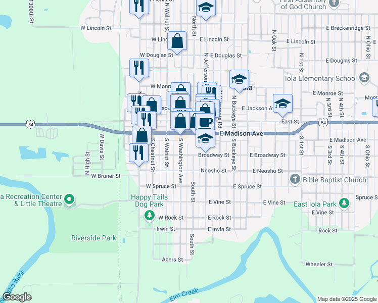 map of restaurants, bars, coffee shops, grocery stores, and more near 234-298 South Street in Iola