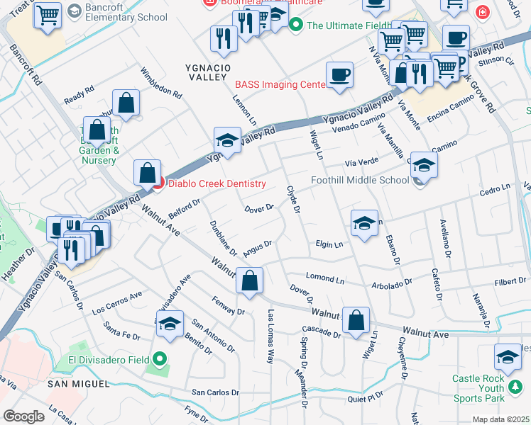 map of restaurants, bars, coffee shops, grocery stores, and more near 265 Dover Drive in Walnut Creek