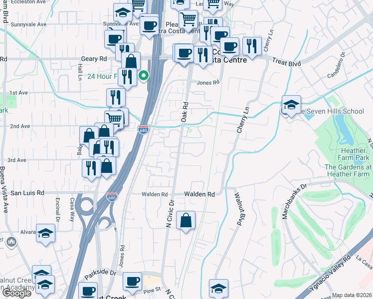 map of restaurants, bars, coffee shops, grocery stores, and more near 190 Ashford Court in Walnut Creek