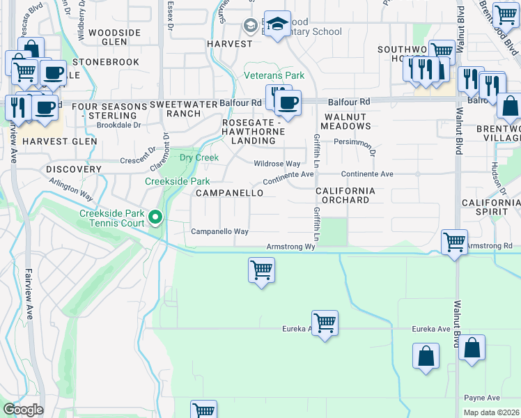map of restaurants, bars, coffee shops, grocery stores, and more near 511 Maggiore Court in Brentwood