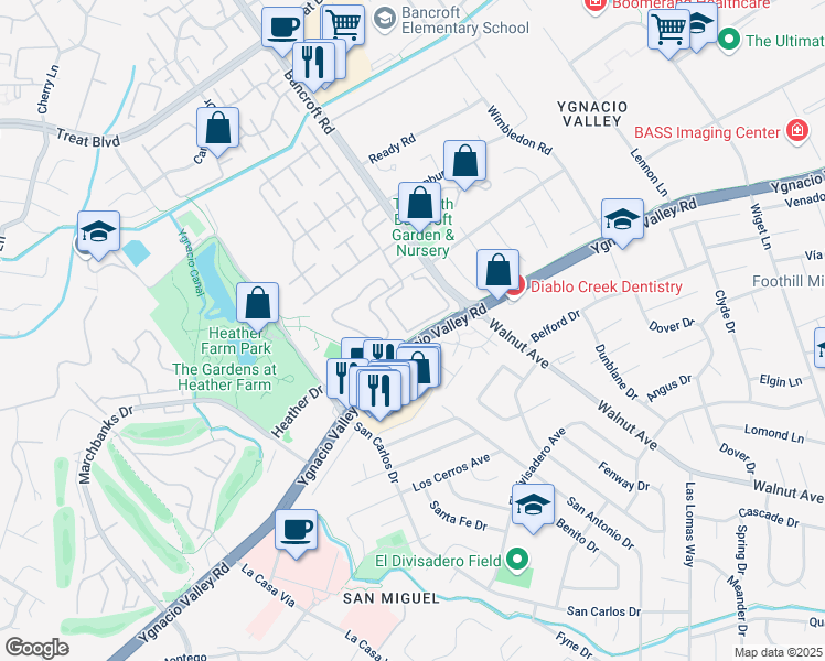 map of restaurants, bars, coffee shops, grocery stores, and more near 216 Park Lake Cir in Walnut Creek