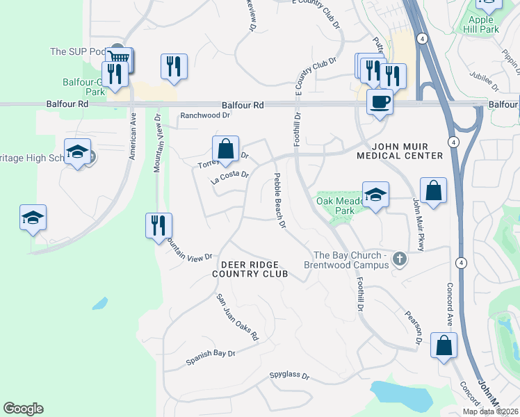 map of restaurants, bars, coffee shops, grocery stores, and more near 2509 Troon Drive in Brentwood