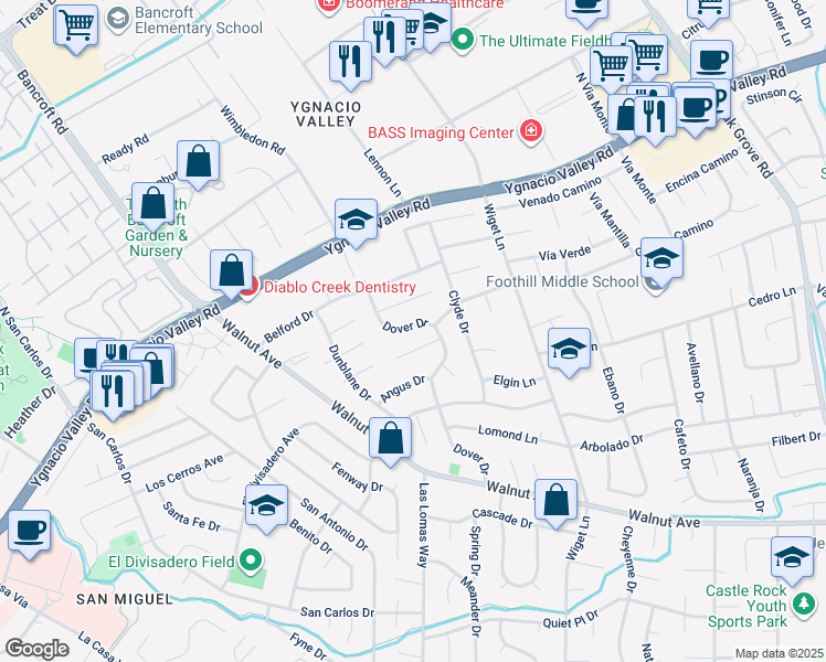 map of restaurants, bars, coffee shops, grocery stores, and more near 265 Dover Drive in Walnut Creek