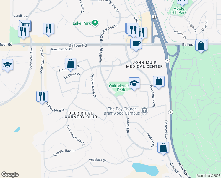 map of restaurants, bars, coffee shops, grocery stores, and more near 312 Foothill Drive in Brentwood