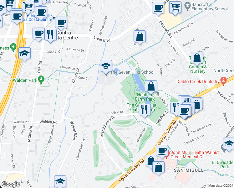map of restaurants, bars, coffee shops, grocery stores, and more near 1578 Pyrenees Place in Walnut Creek