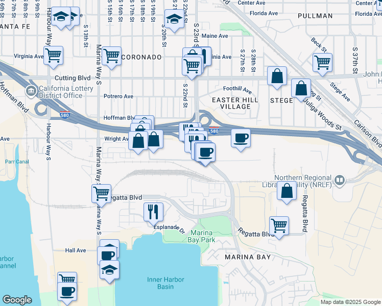 map of restaurants, bars, coffee shops, grocery stores, and more near 2187 Meeker Avenue in Richmond