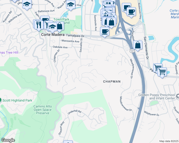 map of restaurants, bars, coffee shops, grocery stores, and more near 13 Fairview Avenue in Corte Madera